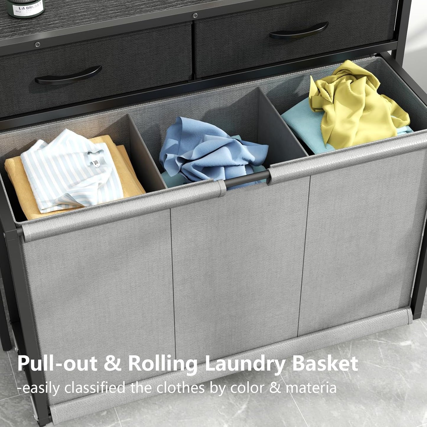 STIKELY Laundry Hamper Laundry Basket with 3 Section Pull-Out Rolling Bags, Laundry Sorter for Organization and Storage with 2 Pull-Out Drawers for Laundry Room, Bathroom, Bedroom Use (Rustic Brown)
