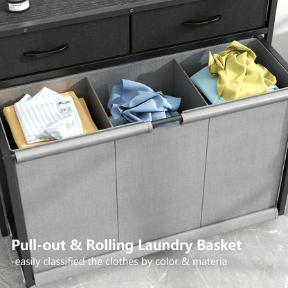 STIKELY Laundry Hamper Laundry Basket with 3 Section Pull-Out Rolling Bags, Laundry Sorter for Organization and Storage with 2 Pull-Out Drawers for Laundry Room, Bathroom, Bedroom Use (Rustic Brown)