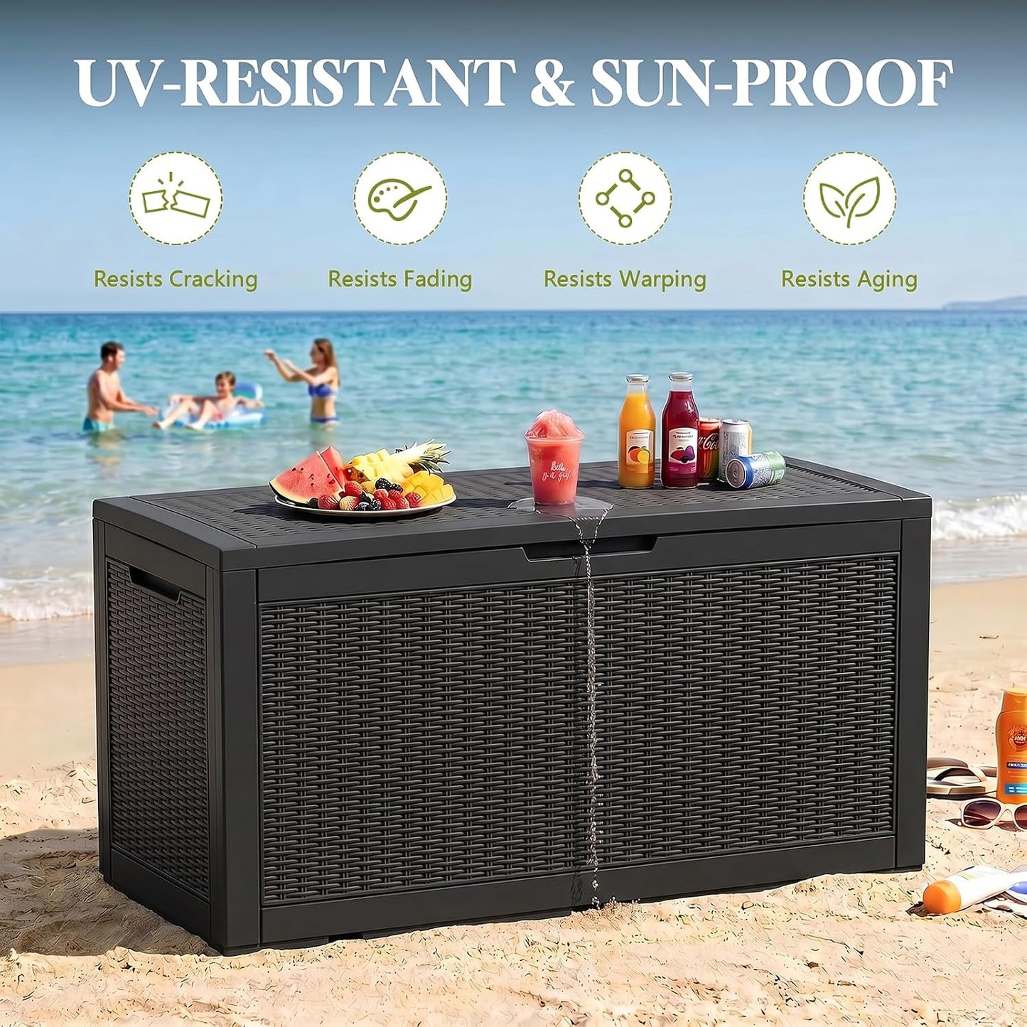 Waterproof Outdoor Storage Box Outside Deck Box Lockable Resin Bench UV Resistant Furniture Cushion Pool Tool Float Bin Patio Garden Porch (Black, 120 Gallon)