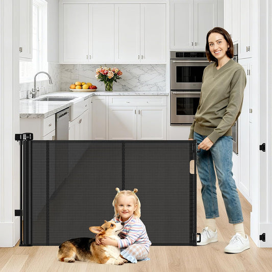 Reinforced 55" Wide Retractable Baby Gates with Reinforced Strips, Indoor/Outdoor Retractable Dog Gate for Doorway Prevent Bottom Drilling Through, No Bottom Bar Safety Mesh Baby Gate for Stair, Black