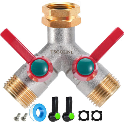 Hose Splitter 2 Way, Y-Valve Water Spigot Splitter, High Flow Faucet Splitter, 3/4" GHT Thickened Hexagonal Water Inlet with 2 Garden Hose Coiled Spring Protectors and 2 More Extension Handles