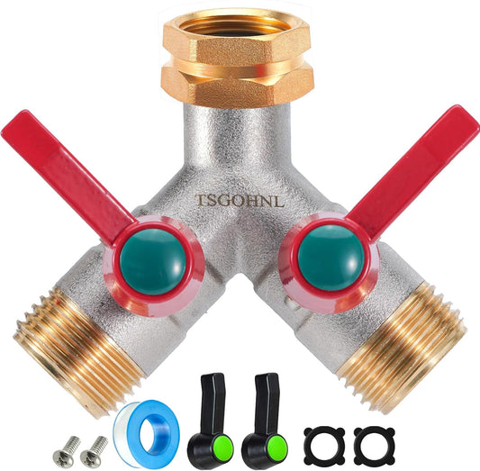 Hose Splitter 2 Way, Y-Valve Water Spigot Splitter, High Flow Faucet Splitter, 3/4" GHT Thickened Hexagonal Water Inlet with 2 Garden Hose Coiled Spring Protectors and 2 More Extension Handles
