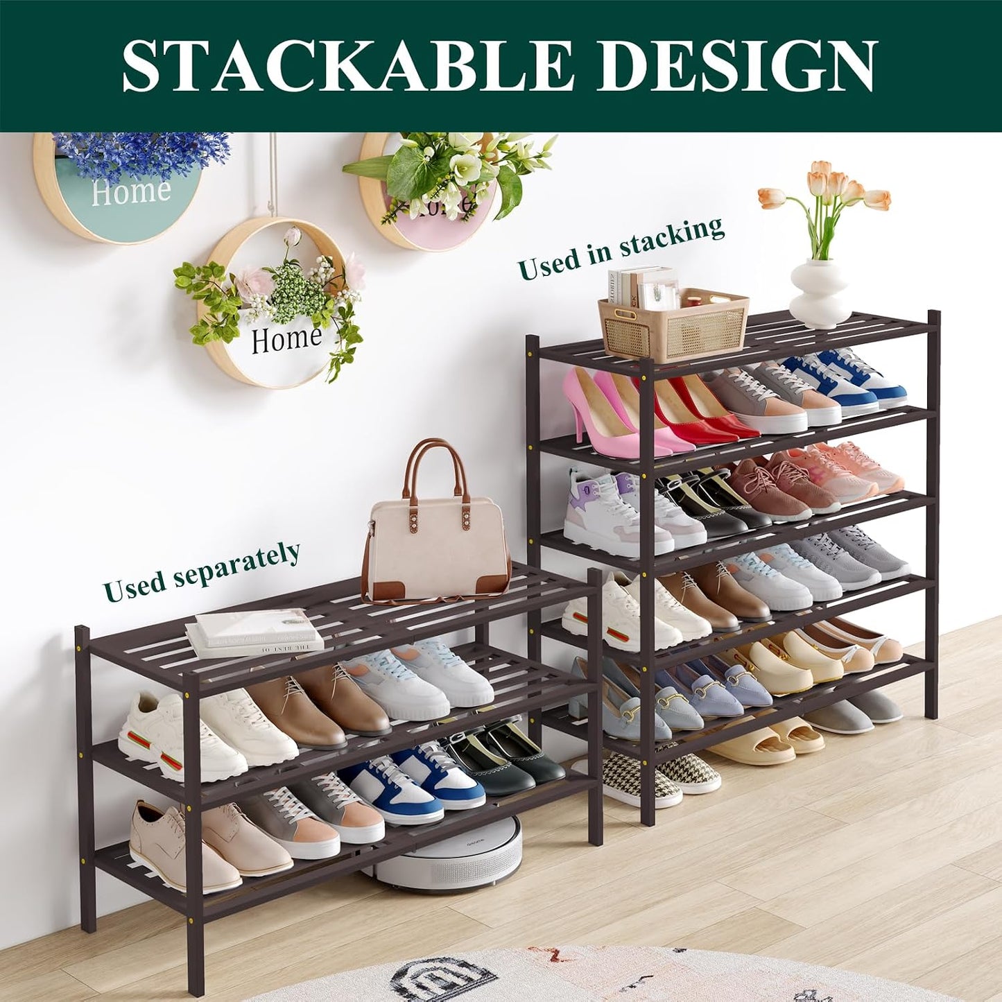 Smiry Bamboo Shoe Rack, 3 Tier Free Standing Wooden Shoe Organizer, Stackable Wood Shoe Storage Shelf for Closet, Entryway, 5 Horizontal Slats, 26.8"x11"x18.3", Natural