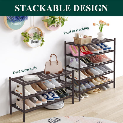 Smiry Bamboo Shoe Rack, 3 Tier Free Standing Wooden Shoe Organizer, Stackable Wood Shoe Storage Shelf for Closet, Entryway, 5 Horizontal Slats, 26.8"x11"x18.3", Natural