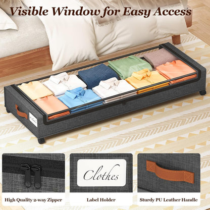 Yecaye Under Bed Storage with Wheels, 2 Pack Under Bed Storage Containers, 60L Underbed Shoe Storage with Clear Window & Label, Rolling Under Bed Metal Drawer for Clothes, Shoes, Books, Blankets