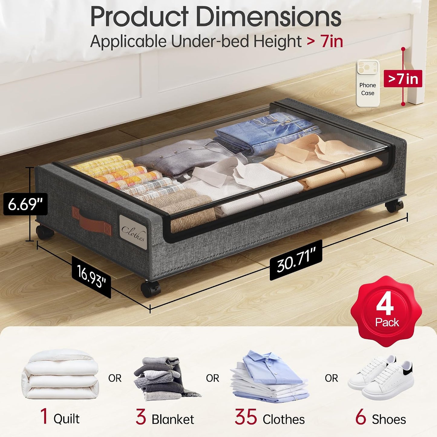 Yecaye Under Bed Storage with Wheels, 2 Pack Under Bed Storage Containers, 60L Underbed Shoe Storage with Clear Window & Label, Rolling Under Bed Metal Drawer for Clothes, Shoes, Books, Blankets