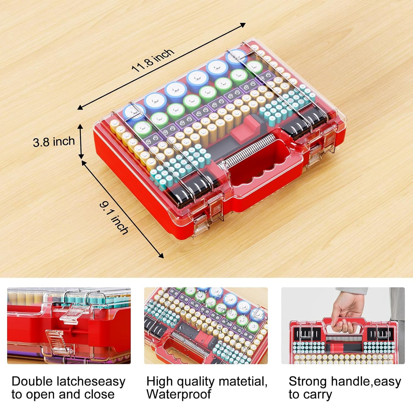 Tututry Battery Organizer Storage Holder Box Case with Tester, Ultra-Large 262+ Batteries Container with Double-Sided, Holds AA AAA 4A 23A C D Cell 9V 3V Lithium 4LR44 CR3 CR123A 18650 (Red)