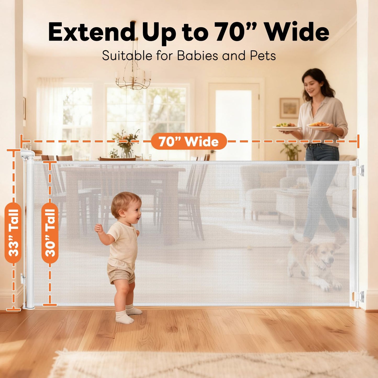 Retractable Baby Gate for Stairs and Doorways, 55" Wide x 33" Tall Mesh Dog Gate for Indoor & Outdoor Use, Safety Gate for Babies and Pets, Child Gates for Hallways, Hardware Mounted, Black