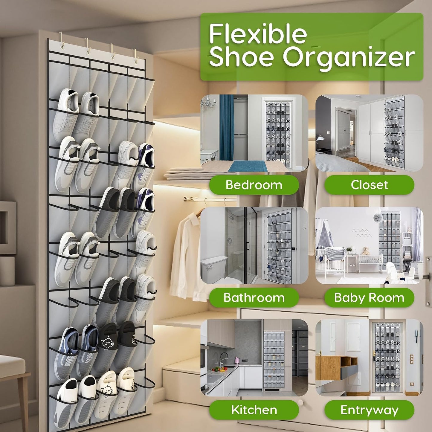 Over the Door Shoe Organizer with 40 Large Breathable Mesh Pockets, Space Saving Shoe Holder, Hanging Shoe Rack for Entryway Bedroom Closet Storage (White, 40 Pockets)
