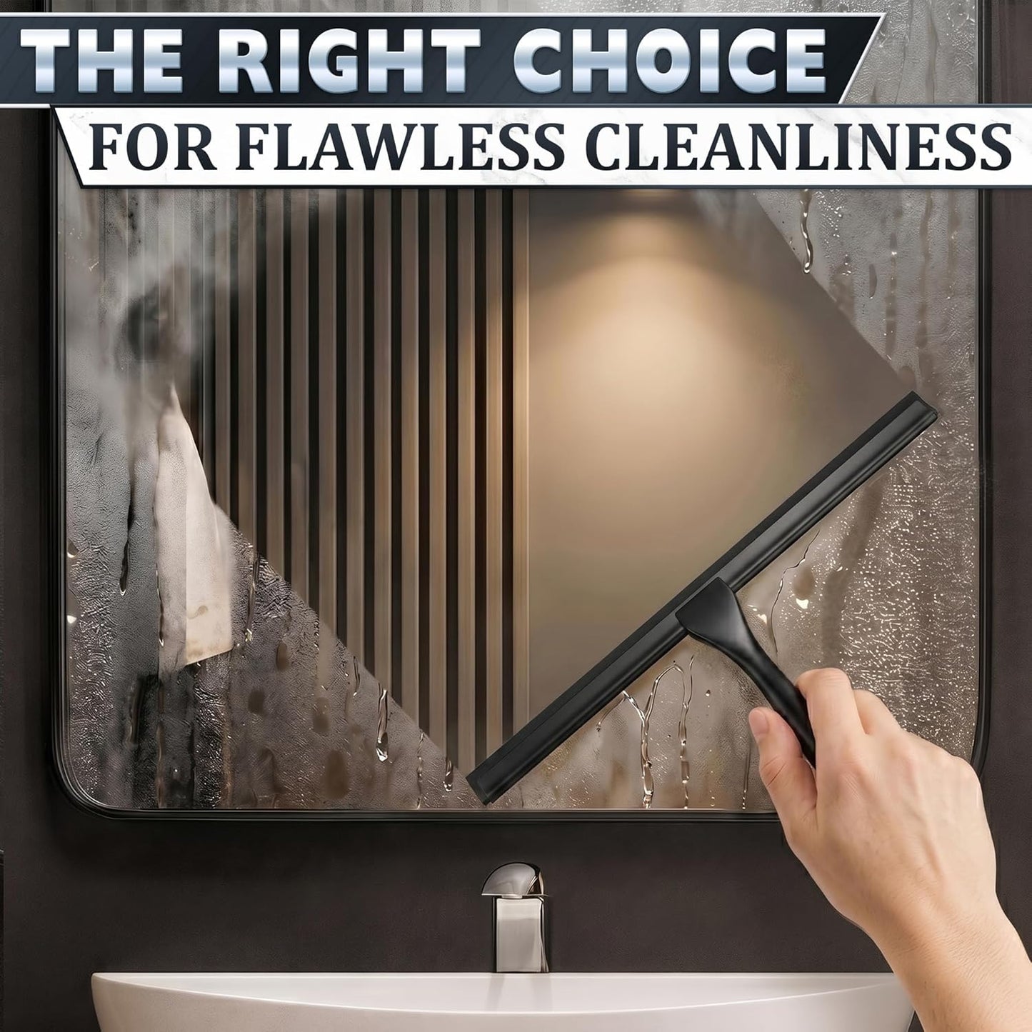 Shower Door Squeegee with Adhesive & Hanging Hooks, 12" Silicone Blade - Stainless Steel All-Purpose Squeegee for Shower Glass, Bathroom Mirror Cleaner Tool Suitable for Tile Walls - Multi-Surface Use
