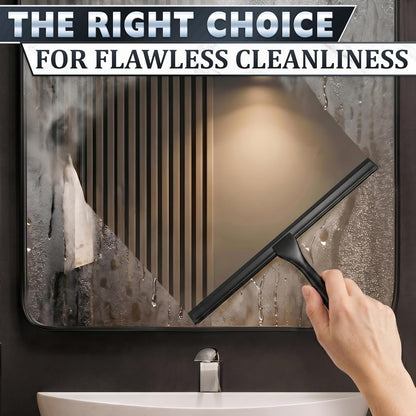 Shower Door Squeegee with Adhesive & Hanging Hooks, 12" Silicone Blade - Stainless Steel All-Purpose Squeegee for Shower Glass, Bathroom Mirror Cleaner Tool Suitable for Tile Walls - Multi-Surface Use