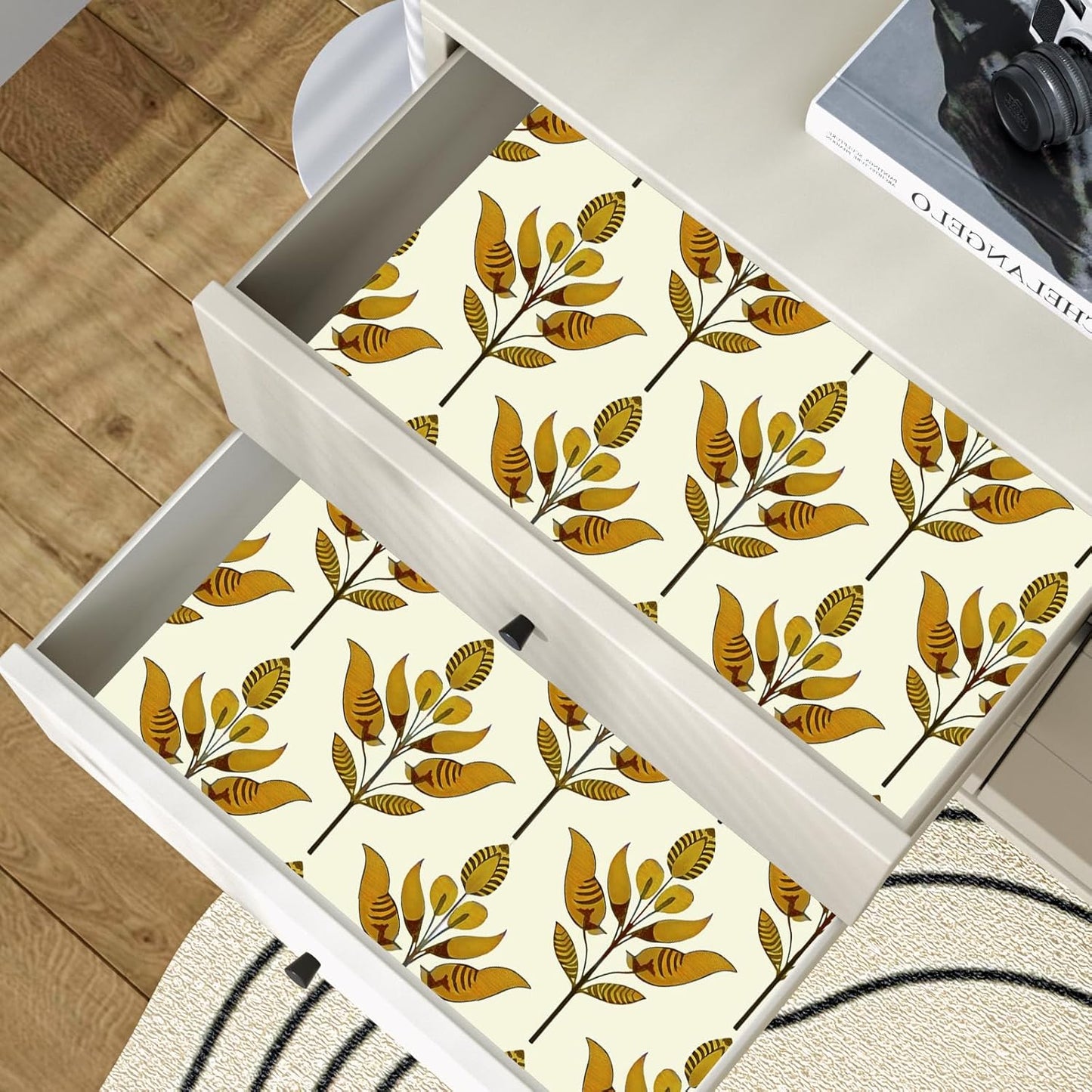 BOKEBEVE Leaves Contact Paper Floral Wallpaper Stick and Peel Boho Damask Wall Paper for Liner Drawer Cabinet Backsplash Renter Friendly Waterproof 17.5 x 118In