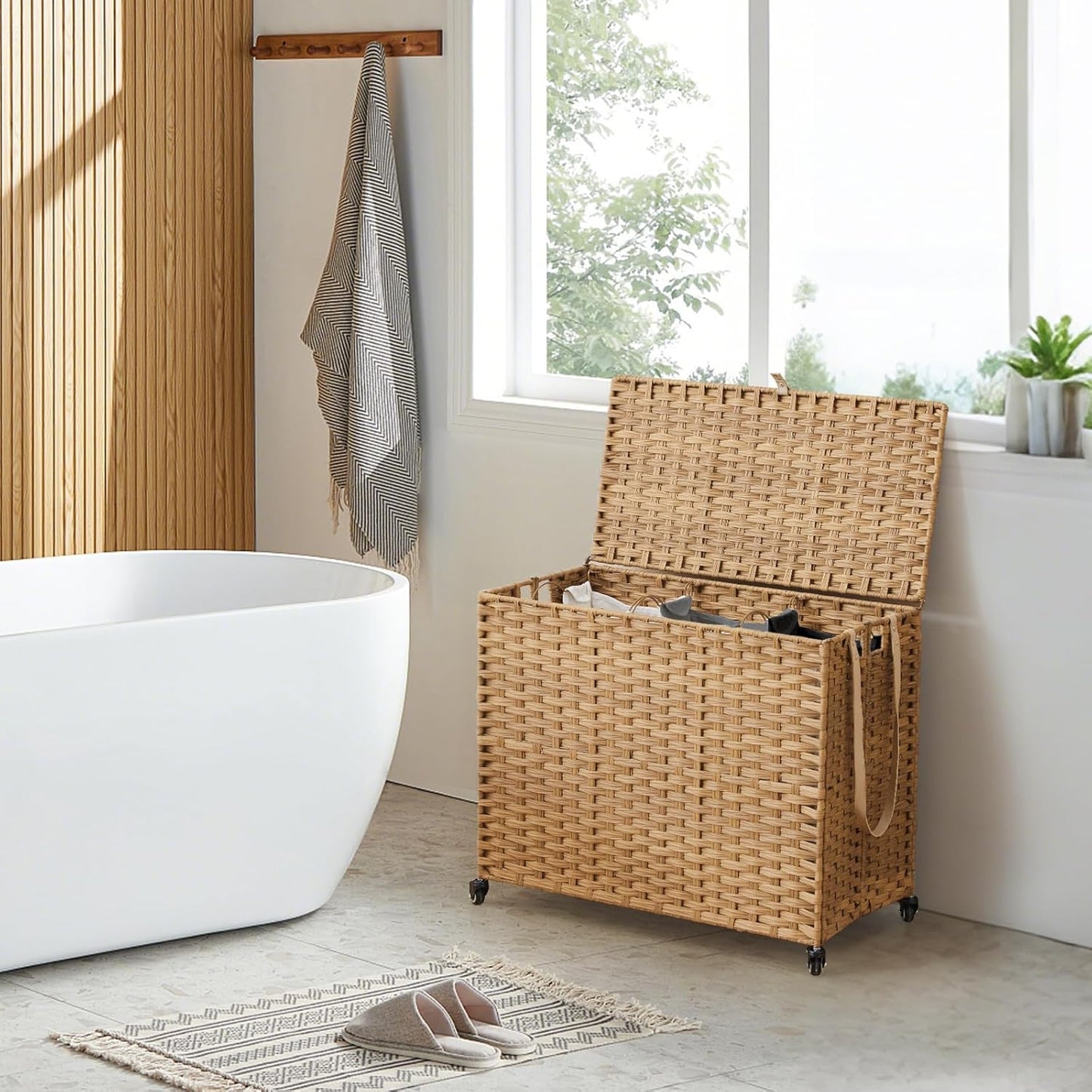 Laundry Hamper with Wheels, 52.8 Gallon(200L) Rolling Laundry Basket with Lid, Removable Large 3 Color Liners & 3 Mesh Laundry Bags, Clothes Hamper with Side Pocket, Natural