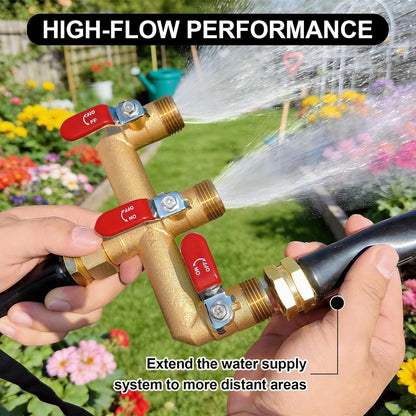 Garden Hose Splitter, 3/4” Rust and Freeze Resistant Outdoor Hose Manifold with 2 Green Extra Long Handles Faucet Adapter-Heavy Duty Brass 2-Way Valve