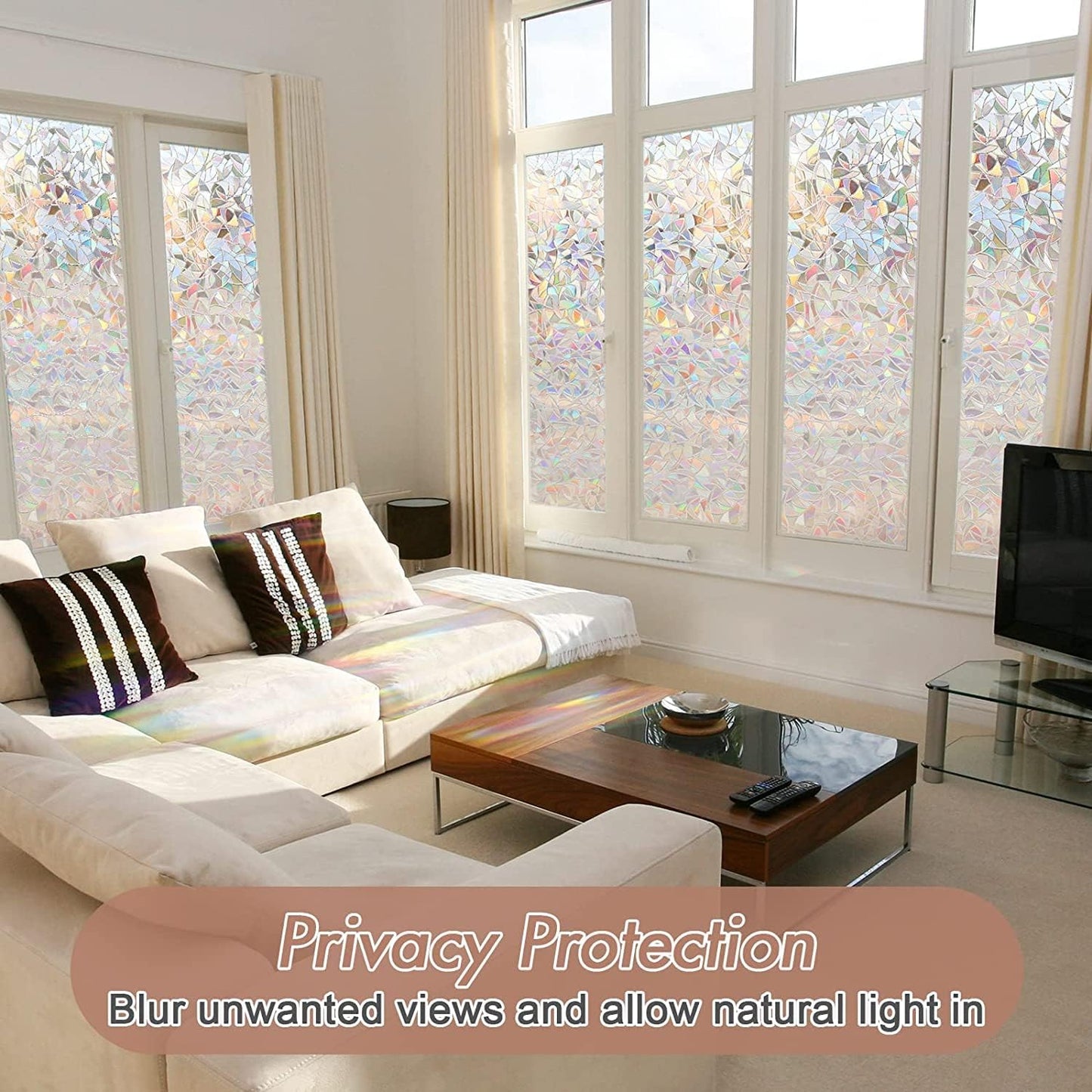 Haton Window Privacy Film, Stained Glass Rainbow Film Decorative Window Clings, Static Cling Sun Blocking Stickers Decals Coverings Tint for Home Heat Control, Non-Adhesive 17.5" x 78.7"