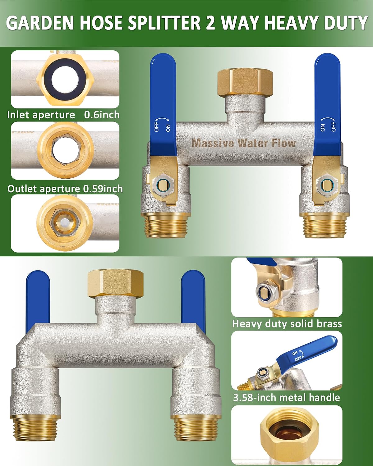 Hose Splitter 2 Way Heavy Duty, Garden Hose Splitter with 304 Stainless Steel Long Handle, Full Flow Brass Nickel Plated Water Hose T Spigot Splitter Adapter Connector, 3/4 - Inch GHT Thread (Blue)