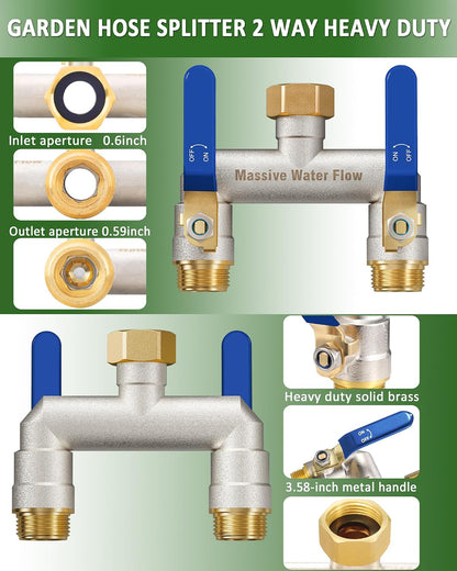 Hose Splitter 2 Way Heavy Duty, Garden Hose Splitter with 304 Stainless Steel Long Handle, Full Flow Brass Nickel Plated Water Hose T Spigot Splitter Adapter Connector, 3/4 - Inch GHT Thread (Blue)