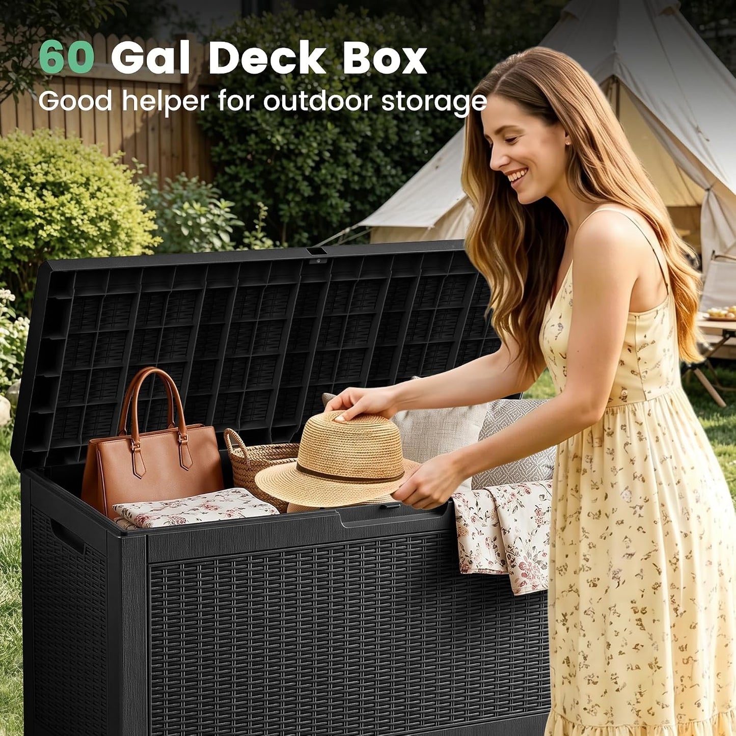 100 Gallon Storage Box, Waterproof Resin Deck Box with Hydraulic Piston Design, Lockable Storage Bench for Package Delivery, Storage Bin for Patio Cushions, Garden Tools, Black