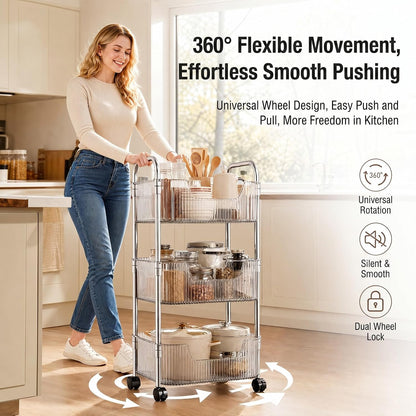 3 Tier Rolling Cart with Lockable Wheels, Clear Acrylic Slim Utility Cart, 13" x 8.3" x 26" Narrow Storage Organizer for Bathroom, Kitchen, Office - Lightweight & Tool-Free Assembly (Clear)