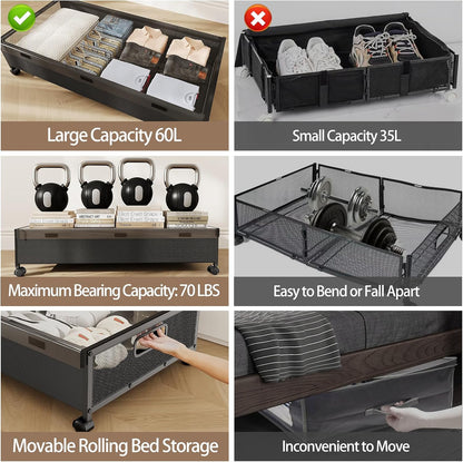 KITHELP Under Bed Storage Containers with Wheels, 2 Pack Underbed Shoe Storage Organizer with Removable Lids, Large Rolling Under Bed Storage Dresser Drawers for Clothes Toys Shoes Blankets