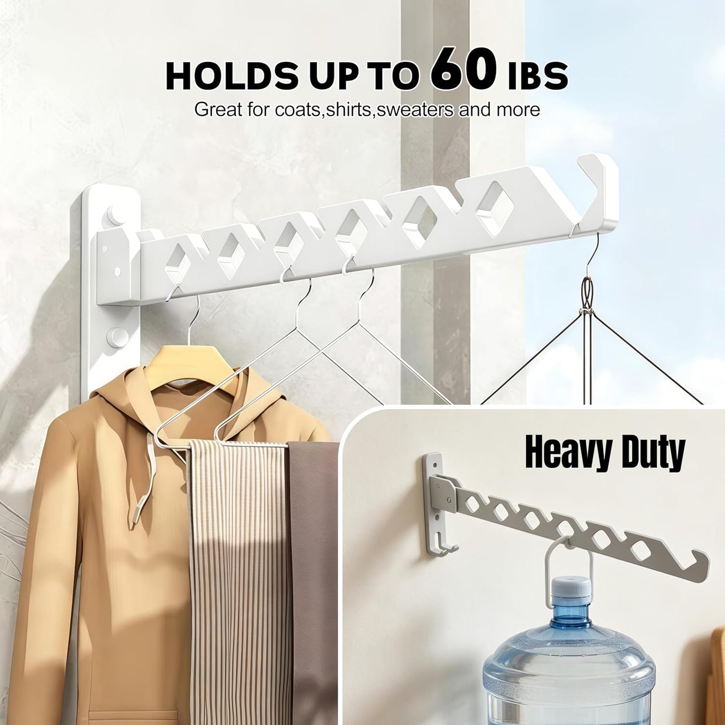 Wall Mounted Clothes Drying Rack,Laundry Clothes Hanger Rack Wall Mounted,Clothes Hanger Foldable, Wall Rack Indoor, Space Saving Closet Storage Organizer Clothes Hanger Indoor, White 2 Pack