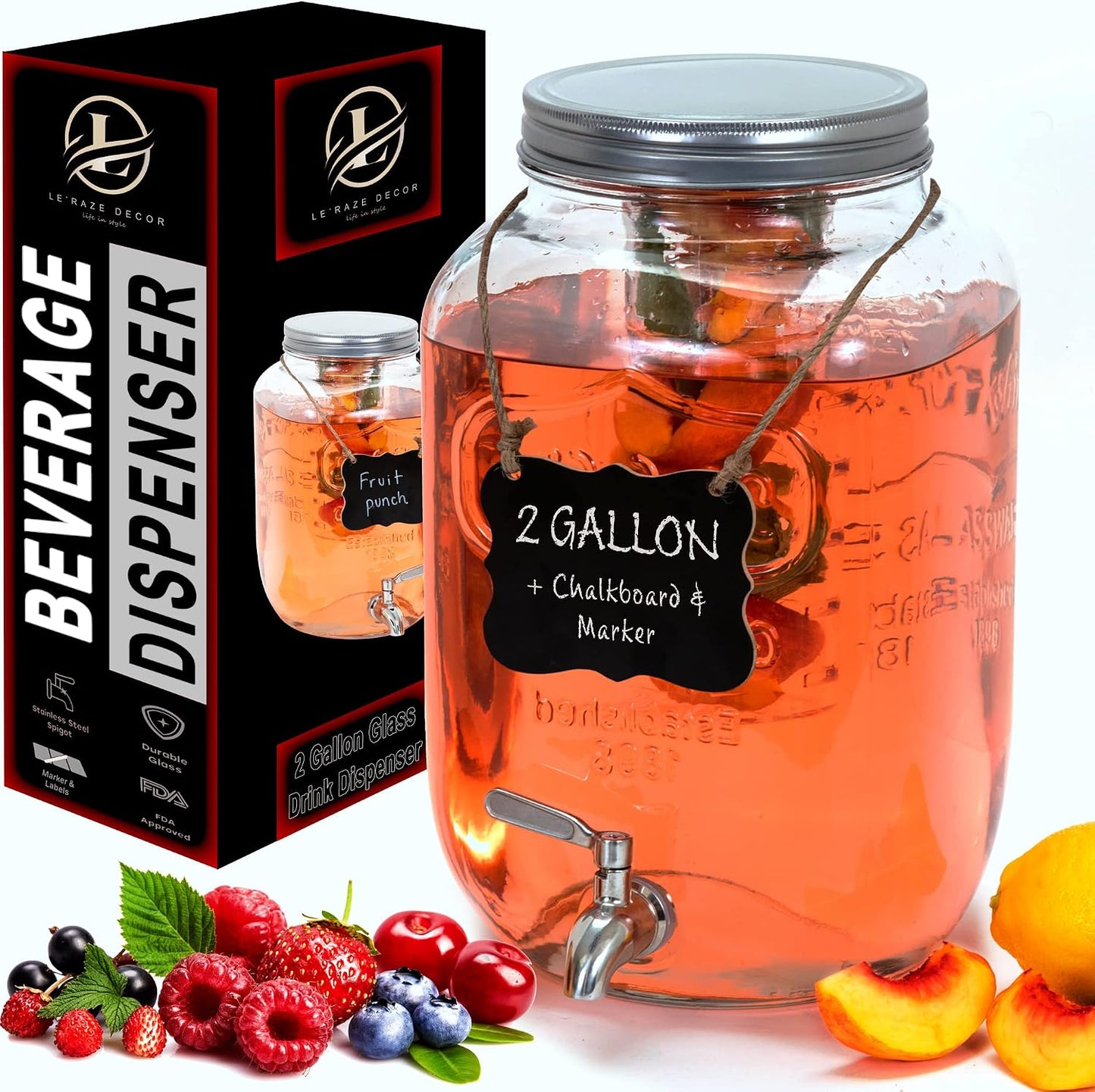 2-Gallon Glass Liquor Decanter Drink Dispenser for Parties - 100% Leakproof Stainless Steel Spigot + Marker & Label and Fruit Infuser, Water Beverage Dispenser Liquid Laundry Detergent Dispenser