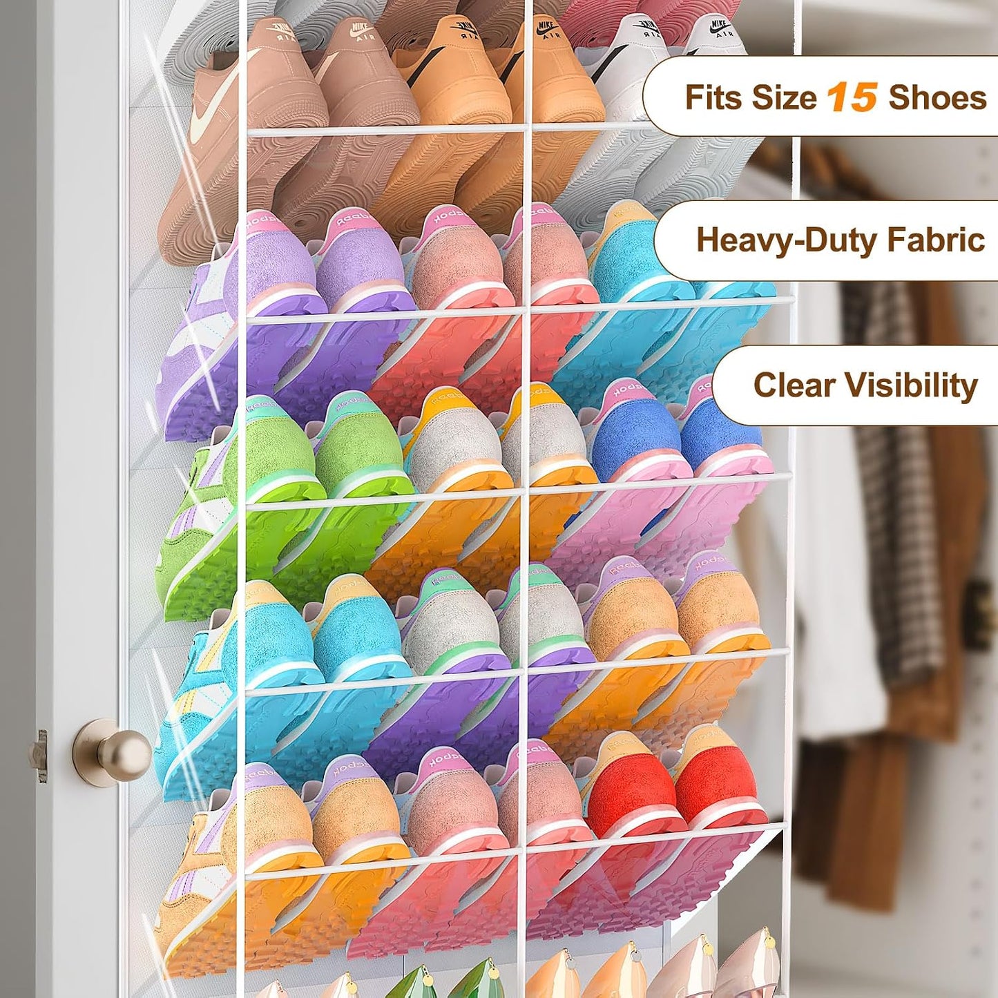 UVIAHOMI 20-30 Pairs Over the Door Shoe Organizer, Clear Pockets Hanging Shoe Storage for Closet, 10-Tier Door Shoes Rack, Handing Shoes Holder Fit All the Family's Sneakers, Boots, Heels, White