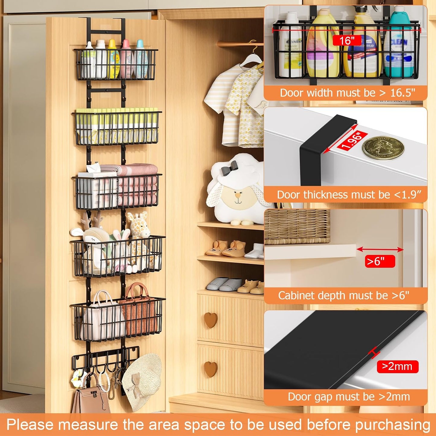 Hongtamoya Over The Door Organizer, Hanging Door Organizer with 5 Metal Baskets, Behind The Door Storage for Pantry Closet Bedroom Bathroom Cabinet Kitchen, White