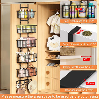 Hongtamoya Over The Door Organizer, Hanging Door Organizer with 5 Metal Baskets, Behind The Door Storage for Pantry Closet Bedroom Bathroom Cabinet Kitchen, White