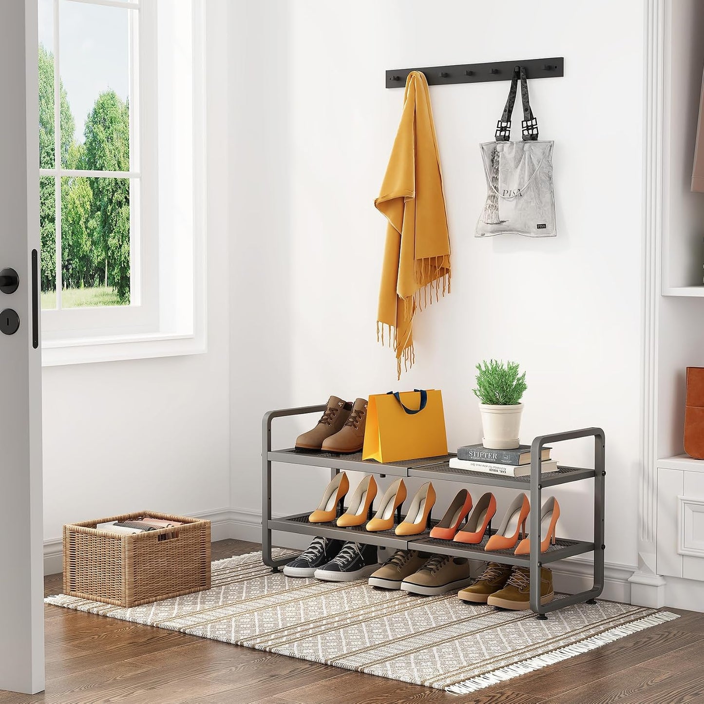 SNTD Shoe Rack - Expandable Shoe Organizer for Closet, Adjustable Metal Shoe Shelf Storage, Stackable Long Shoe Stand Holder for Garage, Entryway, Door Entrance (Black, 2-Tier)