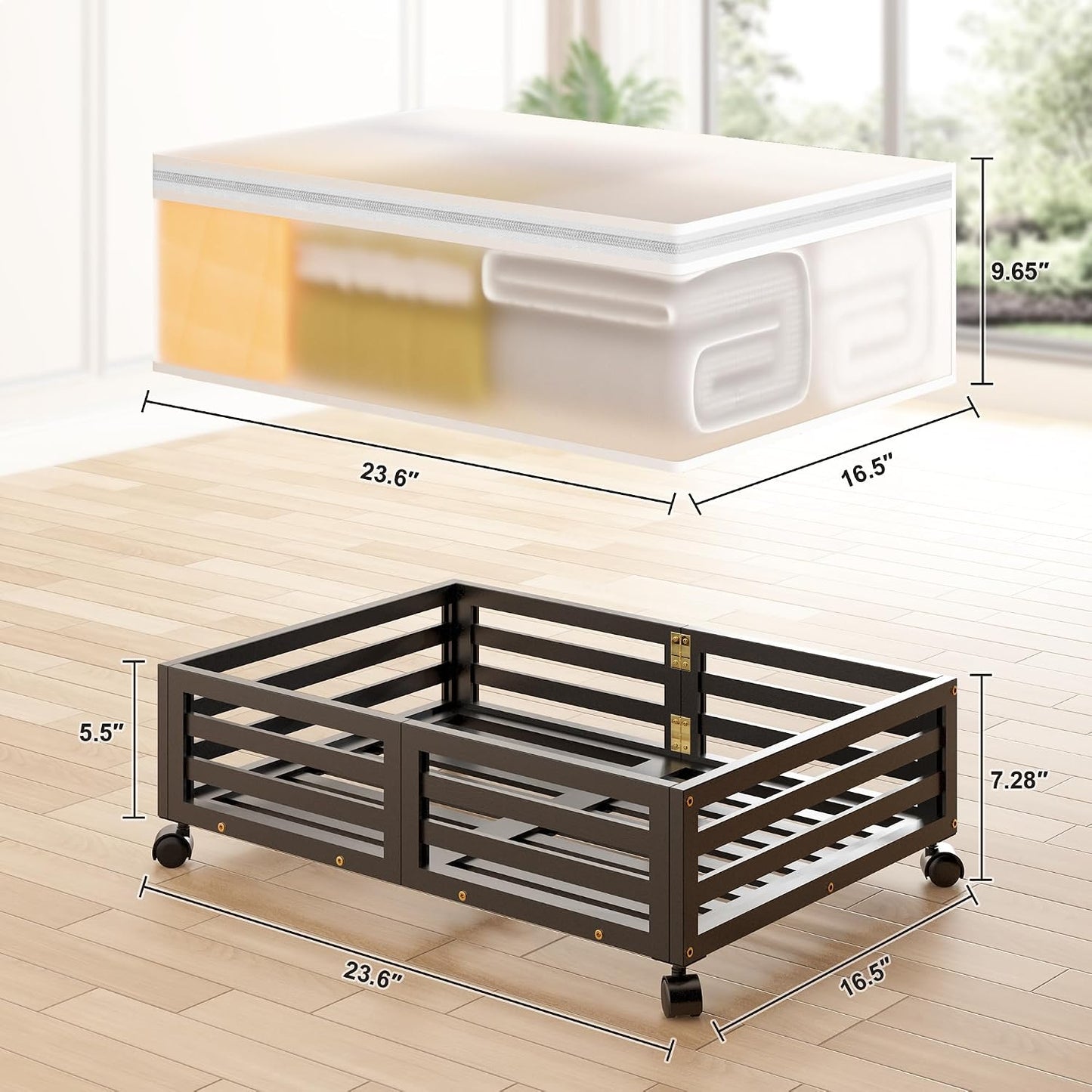 Under Bed Storage with Wheels-Large Bamboo Underbed storage Containers with Large Dust Bag Stackable Under the Bed Shoe Storage Bins for Clothes Books Bedding (2 Packs Nature, 23.62"L×16.54"W× 6.51"H)