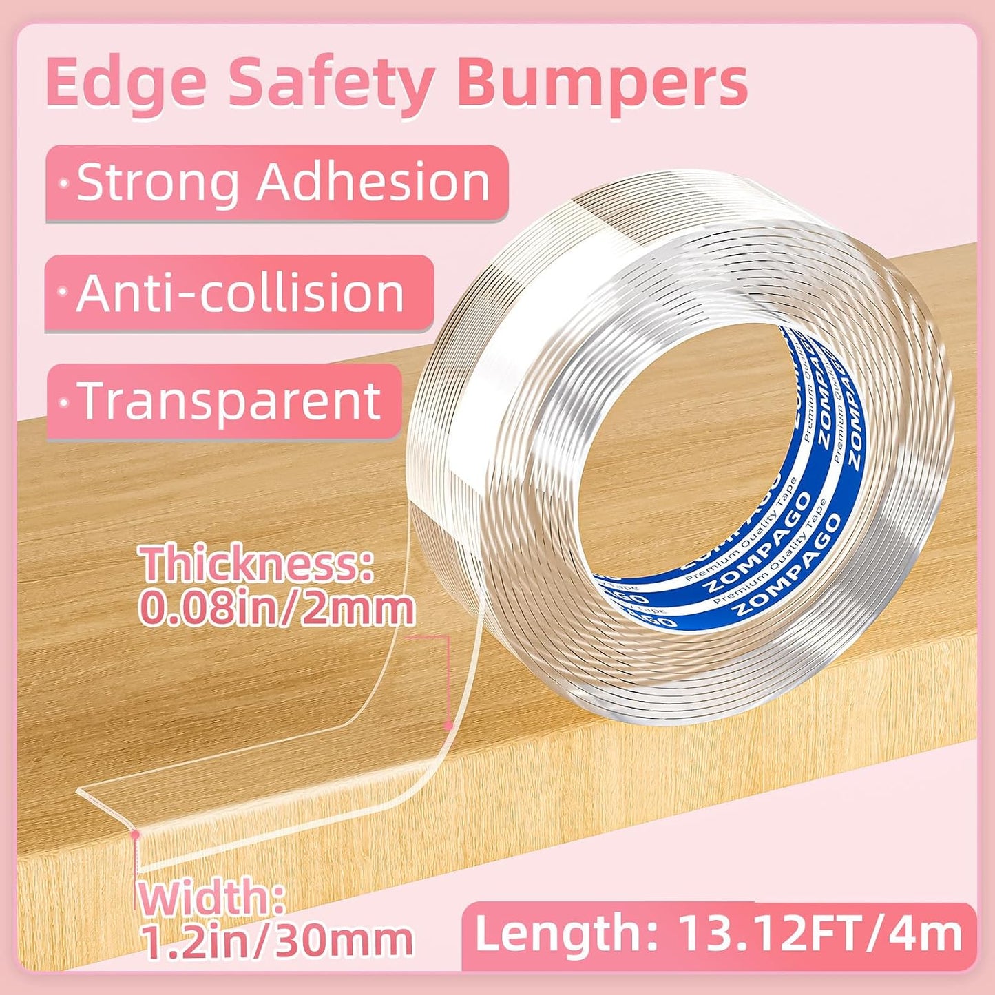 ZOMPAGO Baby Proofing Edge Protector Strip 1.4in x 13FT Clear Furniture Corner Guards for Toddlers Transparent Soft Sharp Edge Safety Bumpers Table Desk Fireplace Child Proof Protector Tape