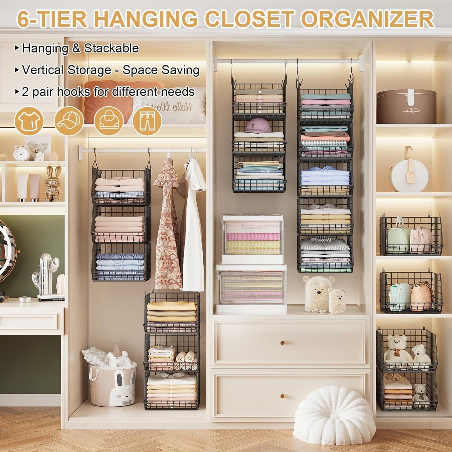 X-cosrack 6 Tier Closet Hanging Organizer, Clothes Hanging Shelves with 4 Hanging Hooks 5 S Hooks, Wire Storage Basket Bins, for Clothing Sweaters Shoes Handbags Clutches Accessories Patent