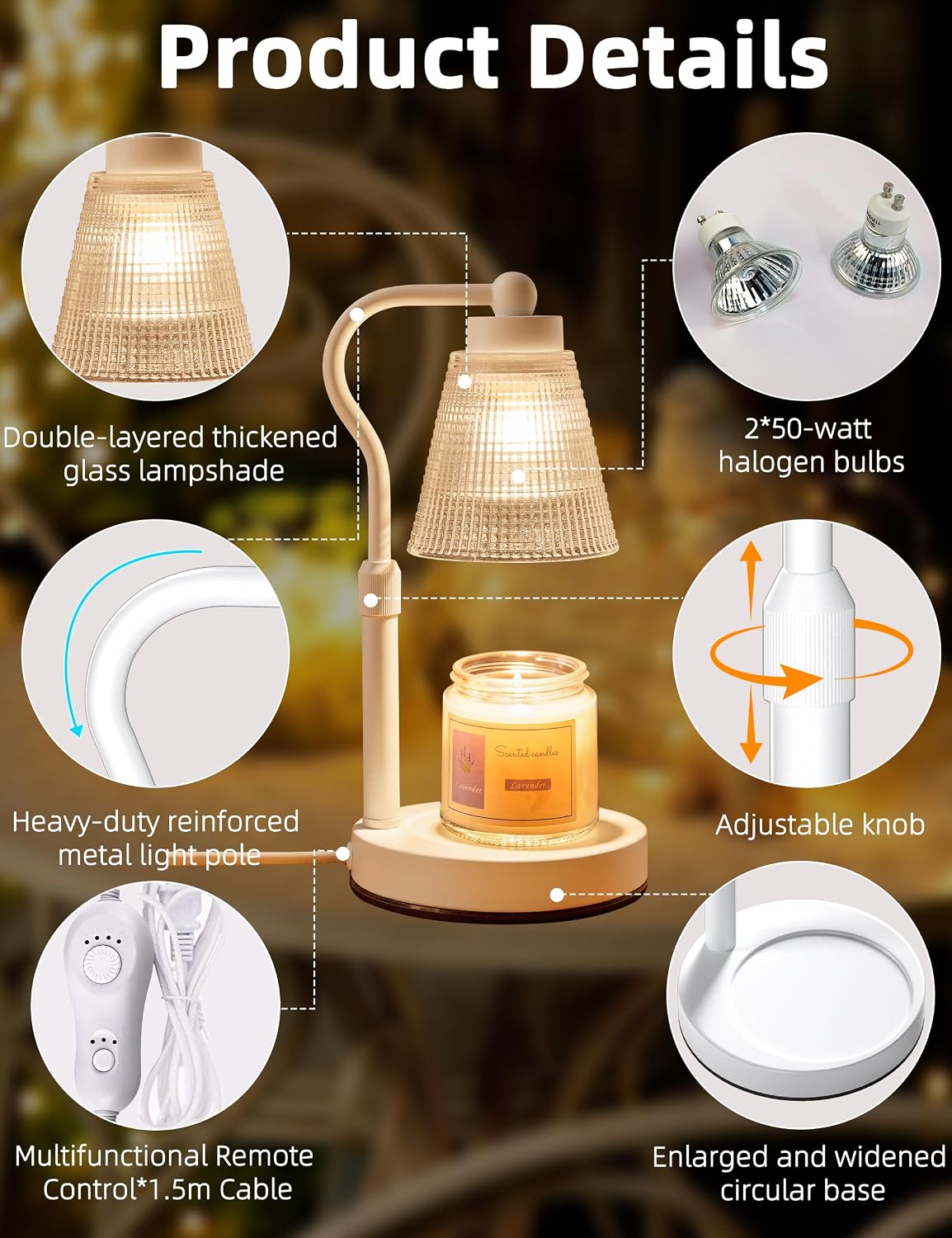 Candle Warmer Lamp for Jar Candles, Height Adjustable & Dimmable with 2/4/8H Timer, 2*50W Halogen Wax Melter Warmer for Home Office Décor, Flameless & Smokeless, Gift for Women Mom, Black-Clear/1 Pack