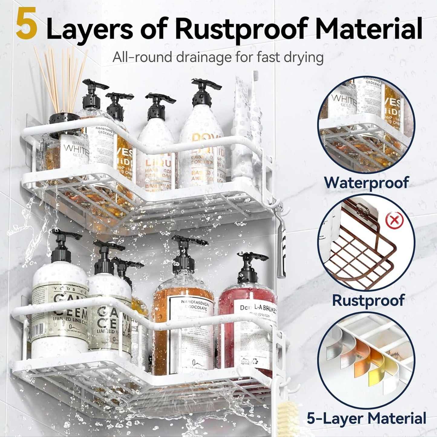 YASONIC Corner Shower Caddy, 5-Pack Adhesive Rustproof Stainless Steel Shower Organizer with Soap Holder, No Drilling Shower Shelf for Inside Shower, Dorm, Renters, Black