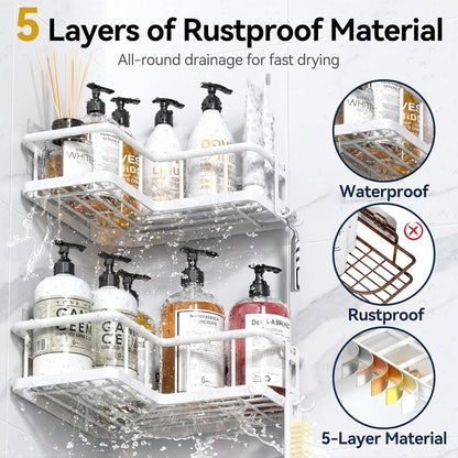 YASONIC Corner Shower Caddy, 5-Pack Adhesive Rustproof Stainless Steel Shower Organizer with Soap Holder, No Drilling Shower Shelf for Inside Shower, Dorm, Renters, Black