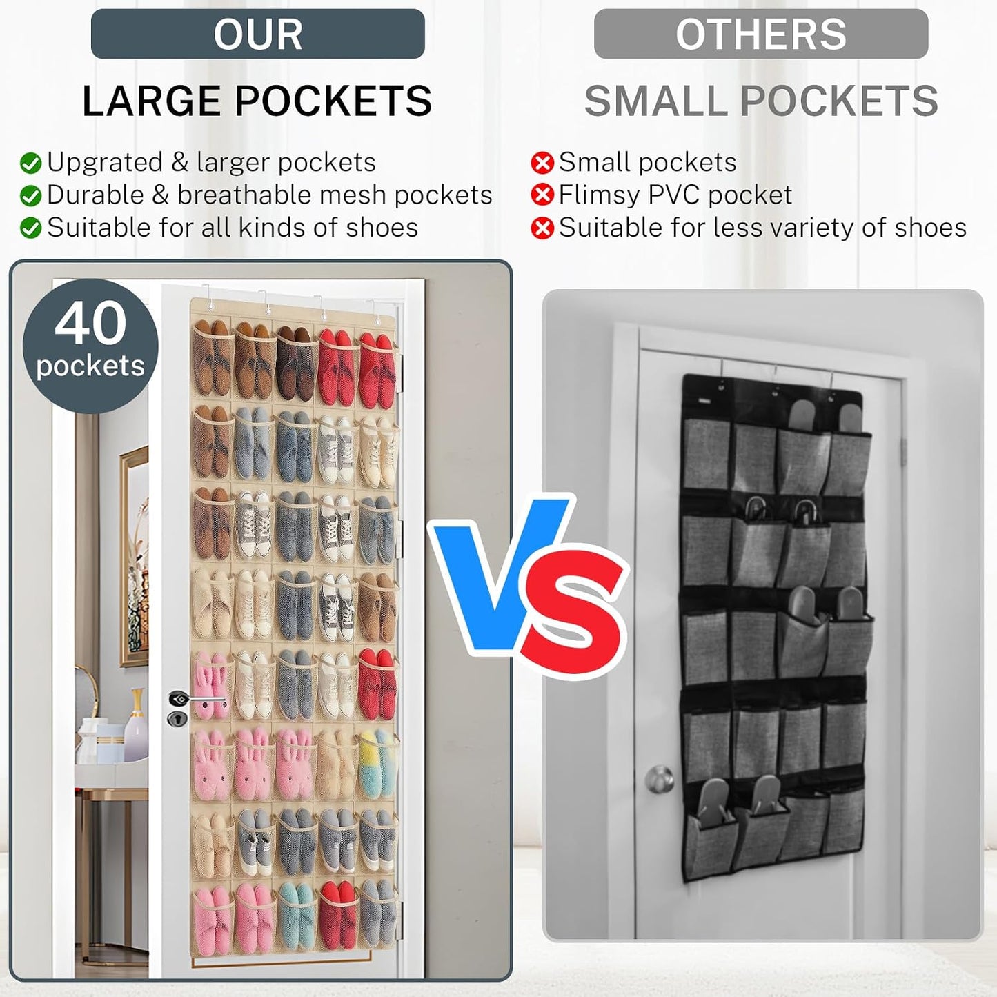 40 Large Mesh Pocket Over the Door Shoe Organizer,Hanging Shoe Rack for Door,Hualleko Shoes Organizer Hanger with Large Capacity, Shoes Storage Holder Sturdy Non-woven Fabric - Stores 20 Pairs (White)