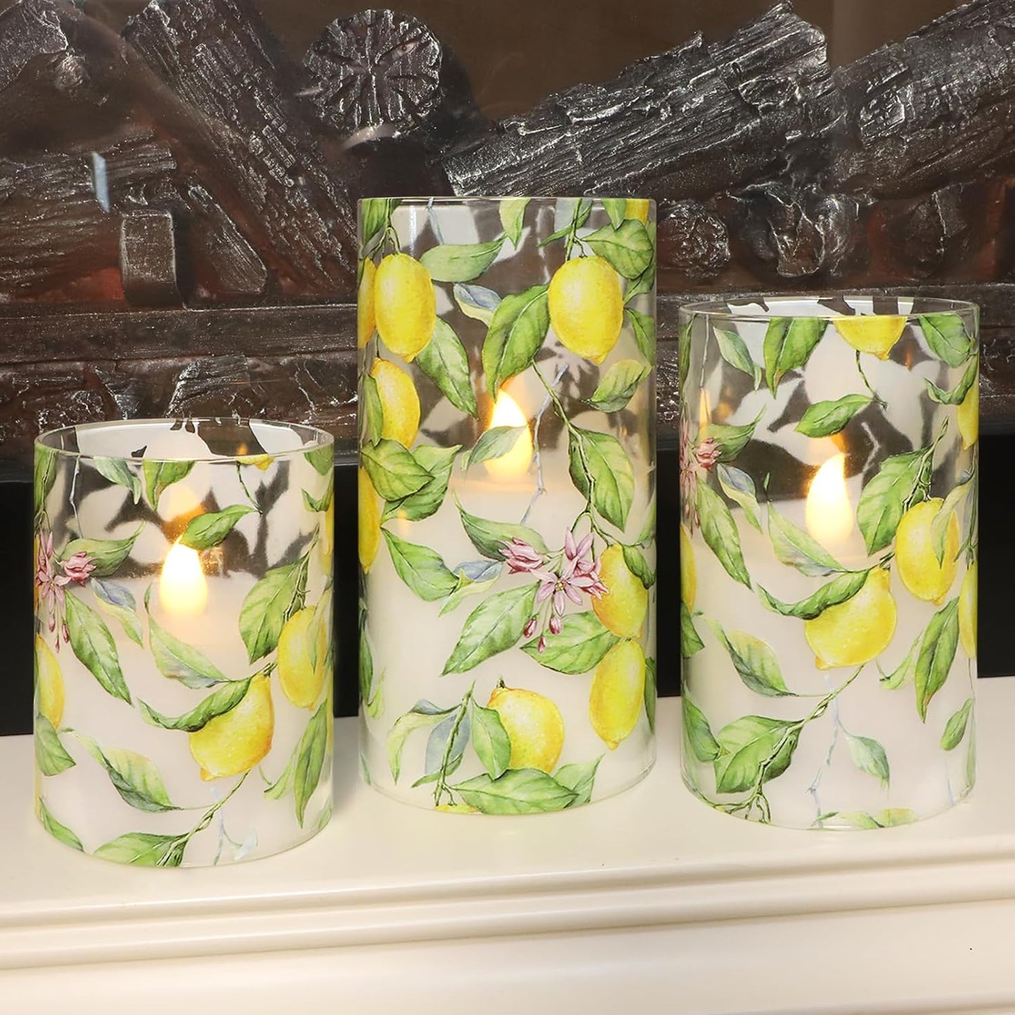Glass Flameless Candles Flickering Battery Operated LED Pillar Candles Set of 3 with Timer and and 10-Key Remote Green Branch Floral Spring Summer Theme for Wedding Festival Home Decoration