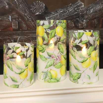 Glass Flameless Candles Flickering Battery Operated LED Pillar Candles Set of 3 with Timer and and 10-Key Remote Green Branch Floral Spring Summer Theme for Wedding Festival Home Decoration