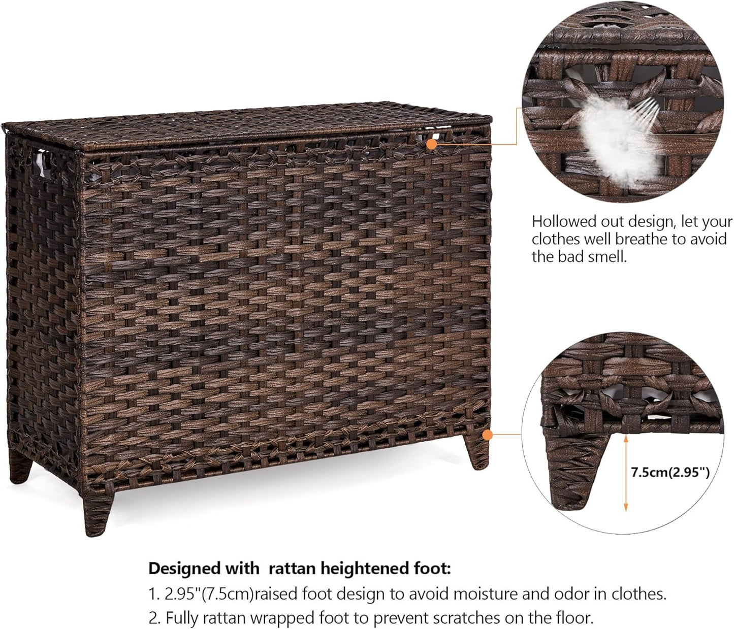 Laundry Hamper with 3 Removable Liner Bags; 132L Handwoven Rattan Laundry Basket with Lid & Heightened Feet; Clothes Hamper with Side Handles; Laundry Sorter with 3 Separate Sections