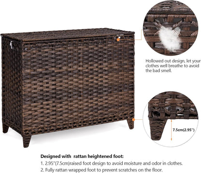 Laundry Hamper with 3 Removable Liner Bags; 132L Handwoven Rattan Laundry Basket with Lid & Heightened Feet; Clothes Hamper with Side Handles; Laundry Sorter with 3 Separate Sections