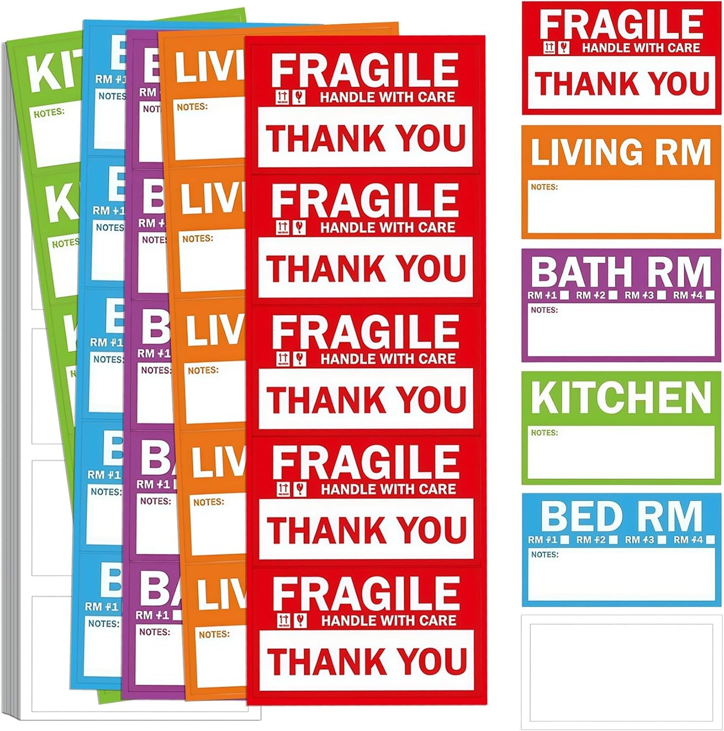 300PCS Home Moving Labels-3.6 x 2 inches,5 Color Coded Packing Box Stickers with 50 Fragile Stickers & 50 Blank Labels for Home Organization Moving Supplies Storage Bins