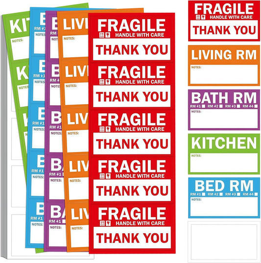 300PCS Home Moving Labels-3.6 x 2 inches,5 Color Coded Packing Box Stickers with 50 Fragile Stickers & 50 Blank Labels for Home Organization Moving Supplies Storage Bins