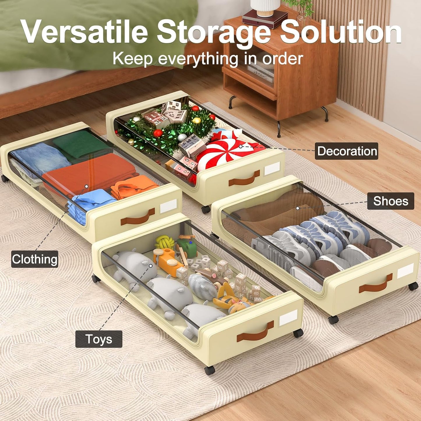 GoMaihe Under Bed Storage with Wheels: 48L Underbed Storage Containers with Lids - Rolling Bins for Shoes Clothes in Dorm Bedroom - Metal Drawers Easy Pull-out Grey 2-Pack
