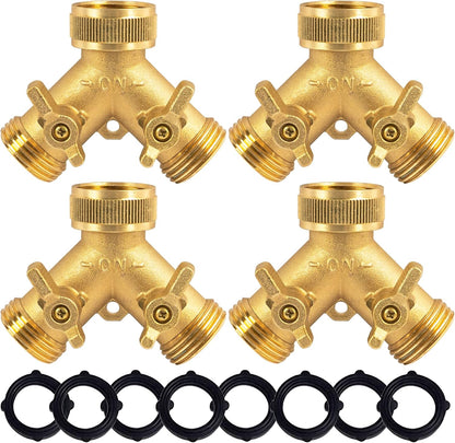 Hourleey Brass Garden Hose Splitter (2 Way), Solid Brass Hose Y Splitter 2 Valves with 2 Extra Rubber Washers (2 PACK)