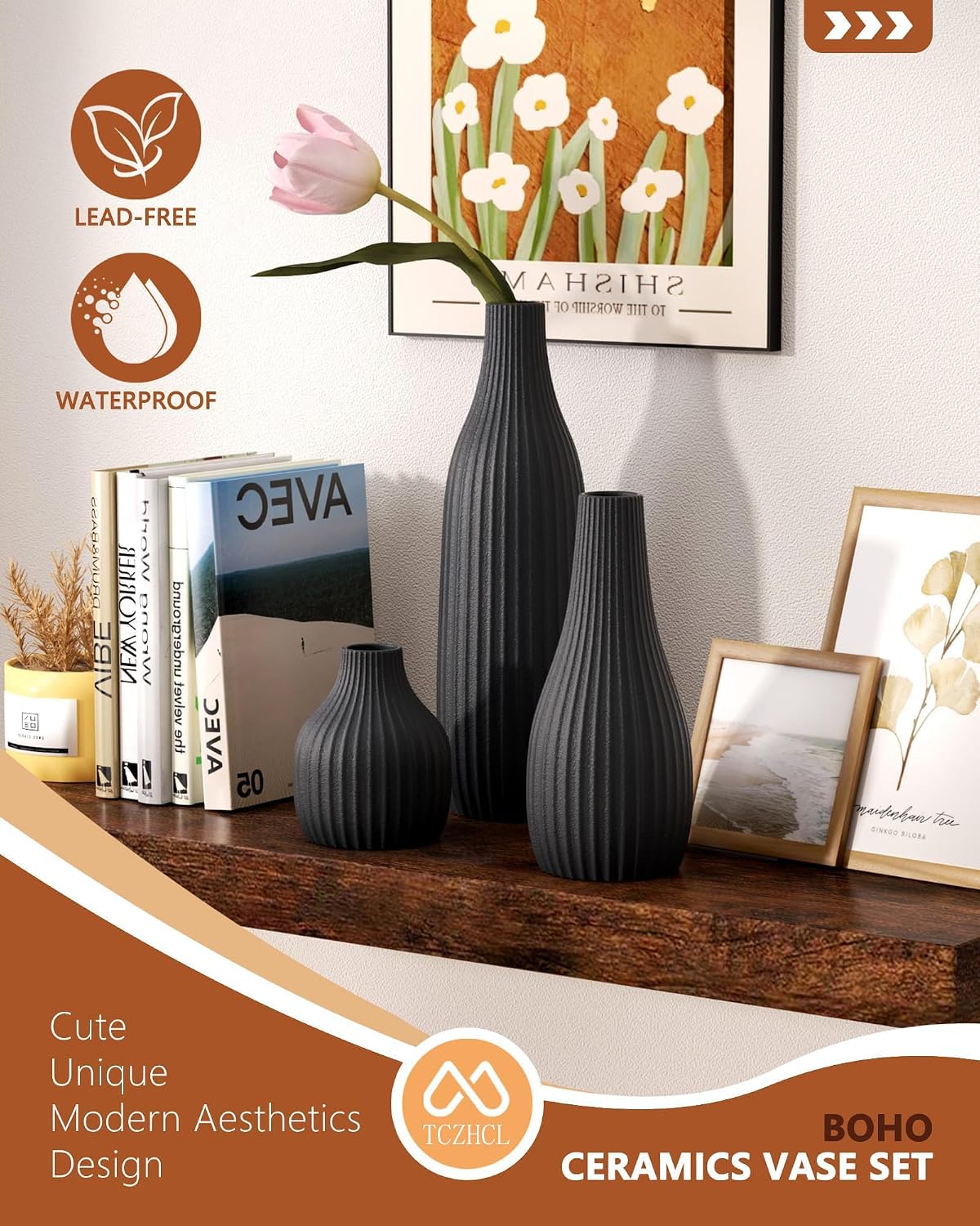 Minimal Line White Ceramic Vase Set of 3 - Modern Nordic Boho Decorative Vases for Home Table Decor, Shelf, Entryway, Coffee Table, Dining Table Centerpiece, Fireplace Mantel - Matte White