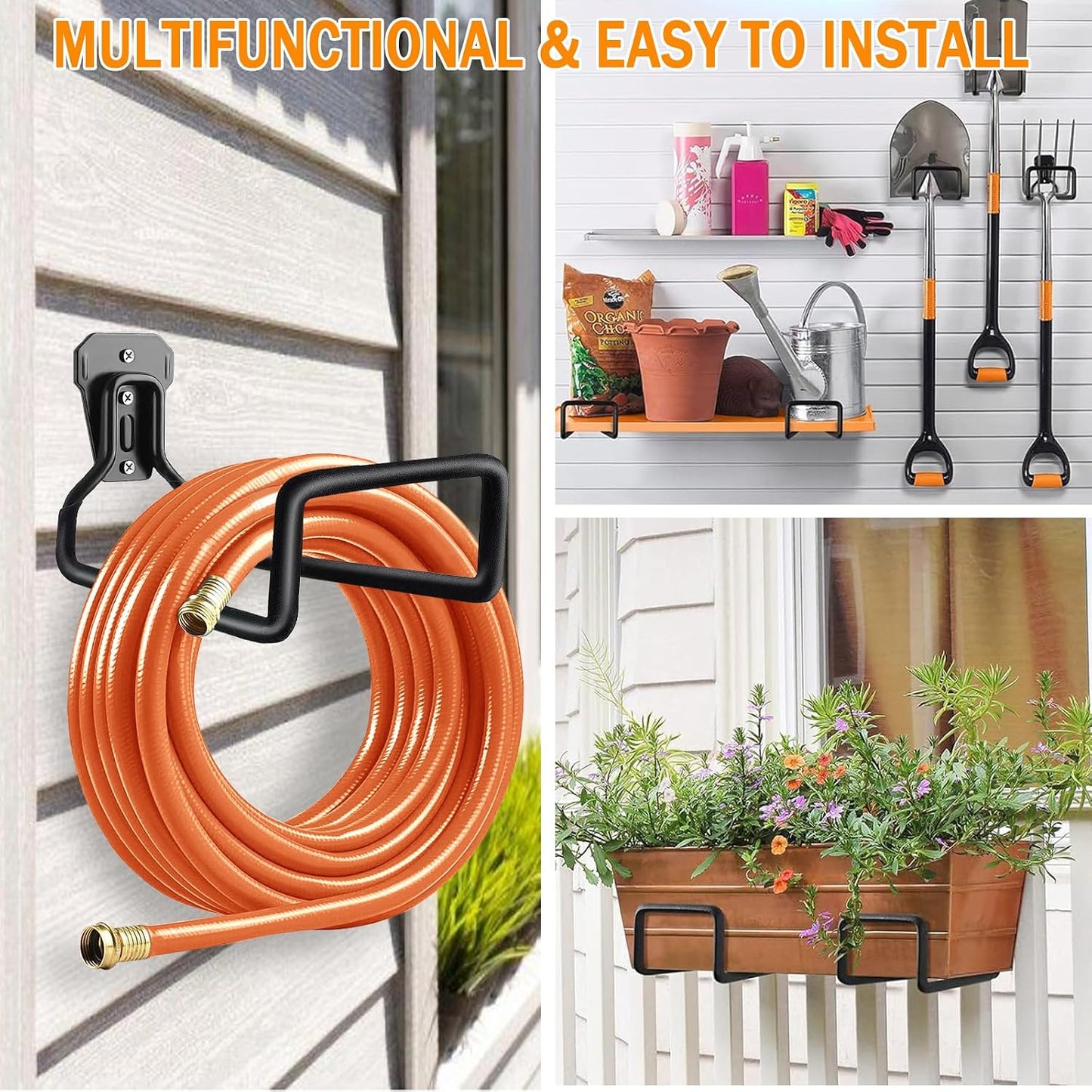 Hose Holder Wall Mount, Heavy Duty Hose Hanger for Outside Metal Hook for Water Hoses Outdoor Organizer Study Rack for Garden Hoses, 2 Pack