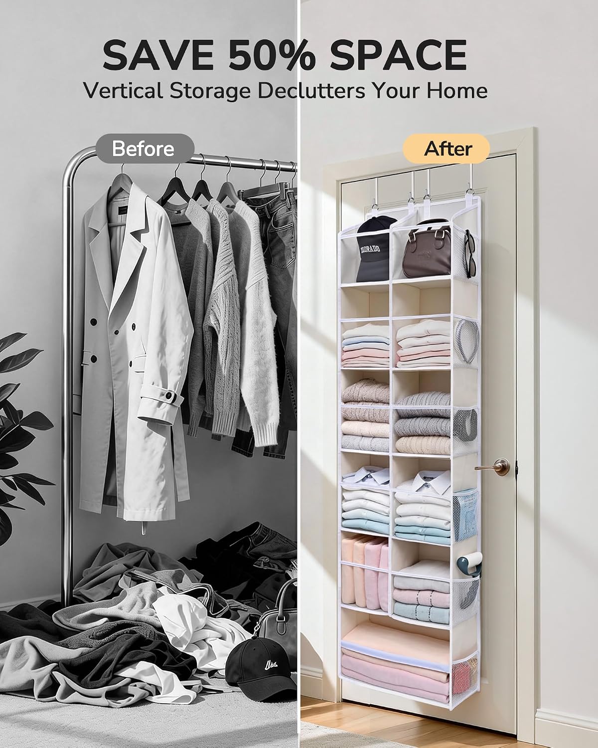 ULG Over the Door Organizer, 5-Tier Extra Large Hanging Storage with 10 Mesh Pockets, 100 lbs Capacity, Heavy Duty Door Organizer for Closet, Bedroom, Nursery Storage, Beige