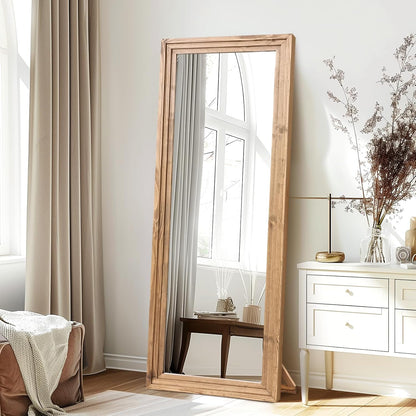 65"x22" Full Length Mirror Solid Wood Frame Floor Mirror with Stand for Living Room, Bedroom Hanging Standing or Leaning, Brown