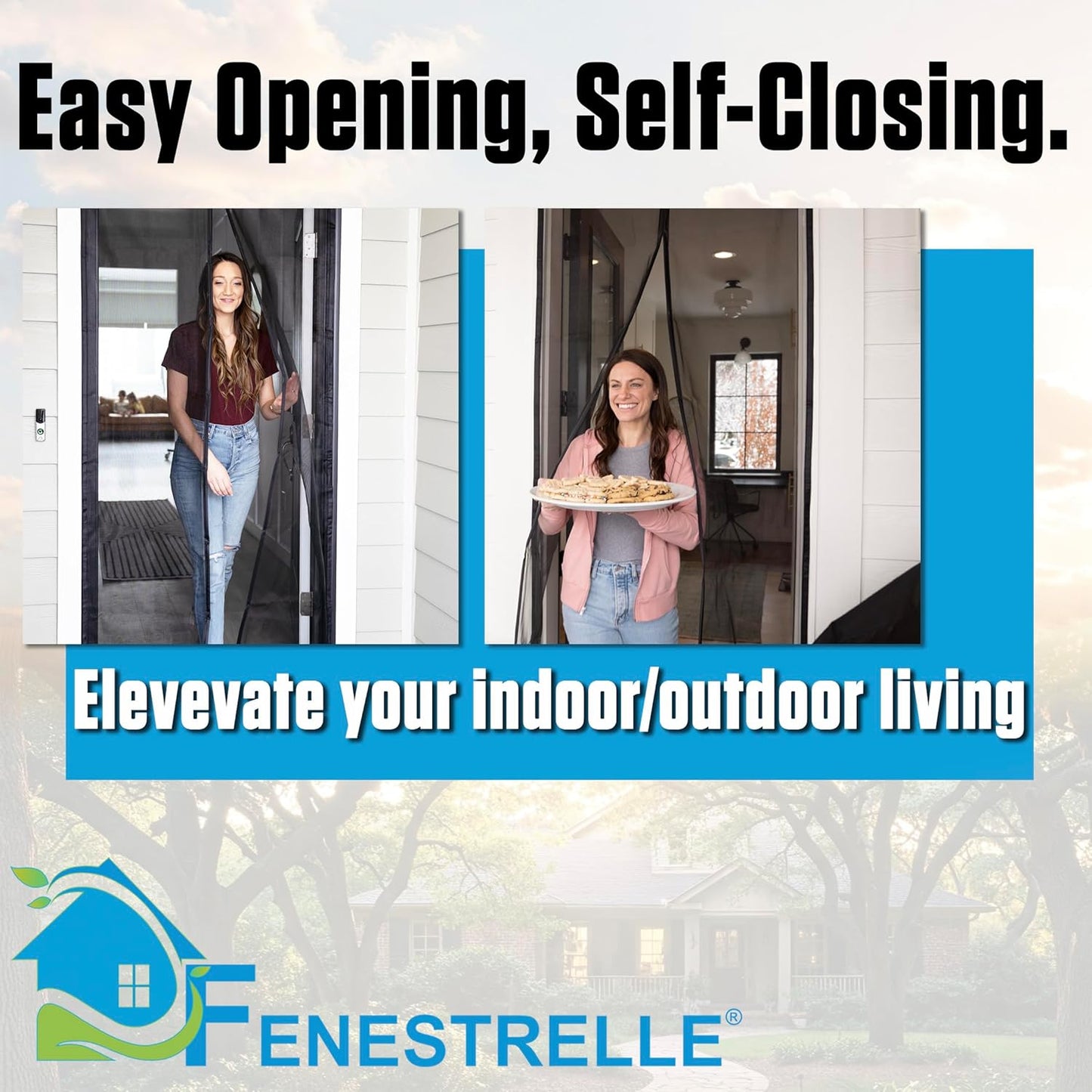 Fenestrelle Magnetic Screen Door for French & Sliding Door – Heavy Duty, Hands Free Fiberglass Mesh with Self Closing Magnetic Seal, White Trim – Fits 70" x 80" Doors (Screen Size 72" x 82")